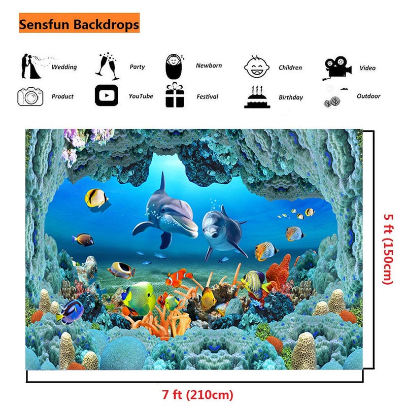 Sensfun 7x5ft 3D Underwater World Photography Backdrop Aquarium Coral Fish Under Sea Cave Dolphin Photo Background for Kids Newborn Happy Birthday Party Ocean Theme Children Photo Studio Props (WP124) - Image 4